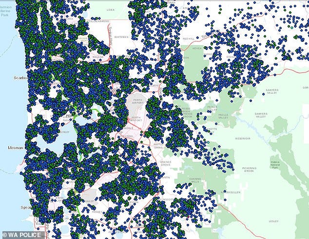Shocking new statistics show a huge rise in the number of guns owned in Western Australia, with in some cases several rifles and handguns in a single suburban street. WA Police maps marked out where handguns (green dots) and rifles (blue dots) were - everywhere