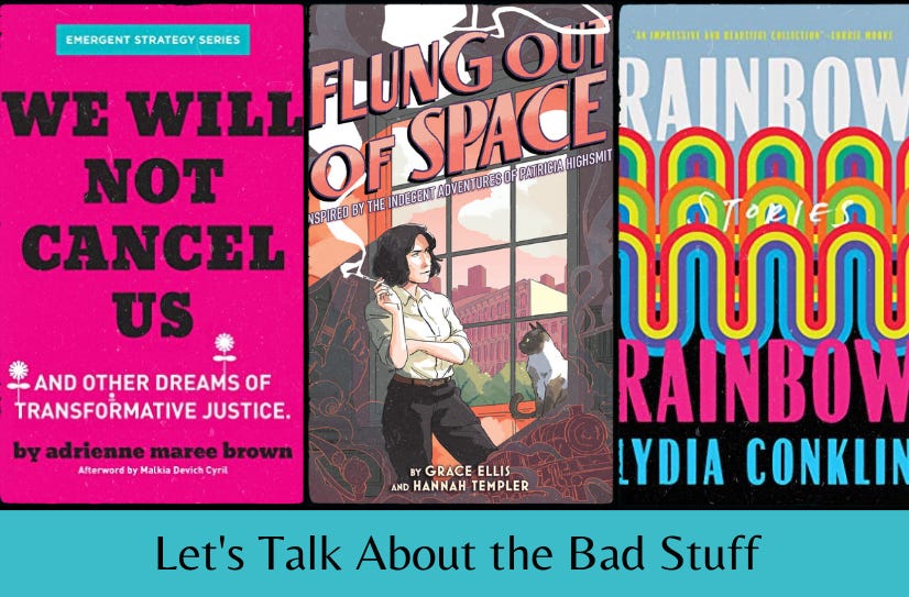 Covers of the three featured books in a row above the text “Let’s Talk About the Bad Stuff” on a teal background.