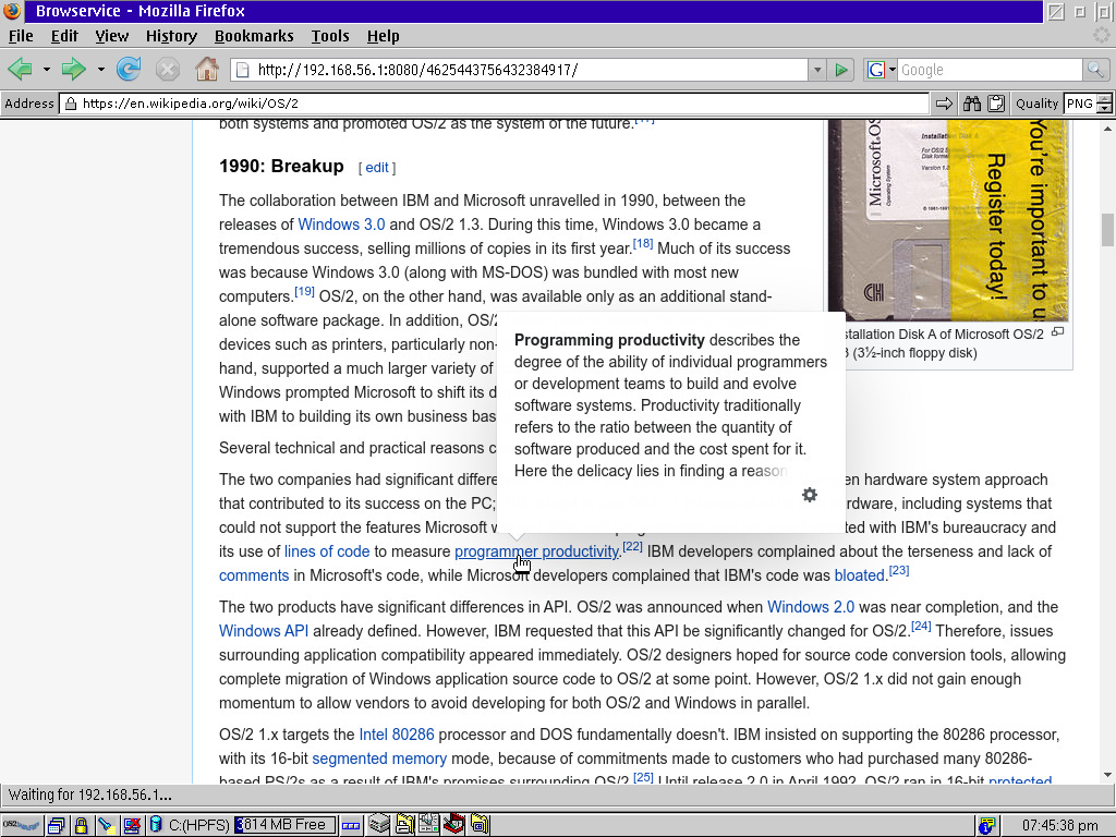 Screenshot of Firefox 2 on OS/2 Warp 4.52 showing a Wikipedia page