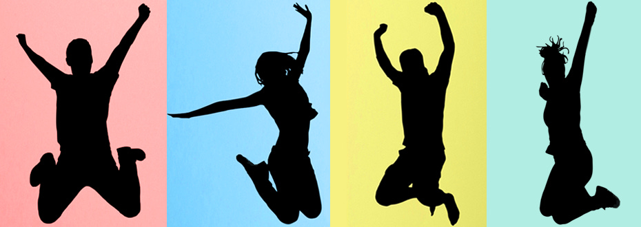 The silhouettes of four people jumping in the air at the same time are shown against colorful backgrounds.