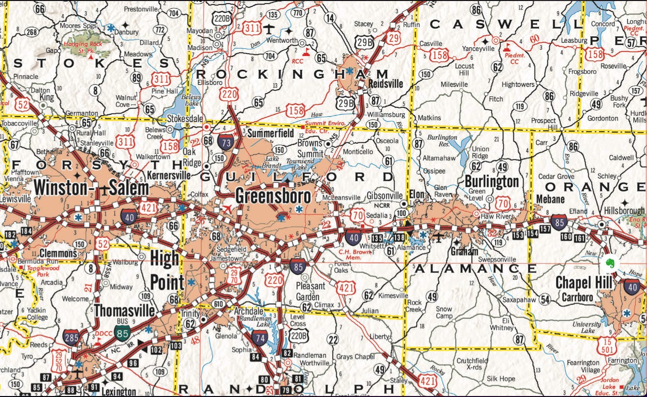 Atlas-style road map of Central North Carolina