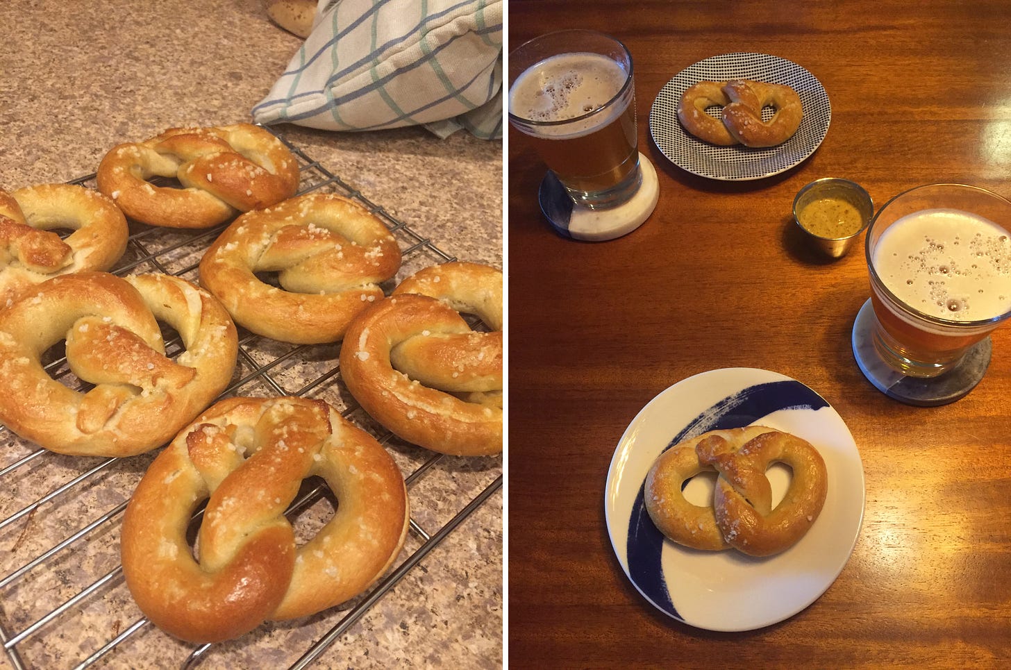 left image: six golden brown, salted soft pretzels sit on a cooling rack. right image: two small plates each with a pretzel on it sit with a glass of beer beside it on a coaster. A ramekin of mustard is on the table in between.