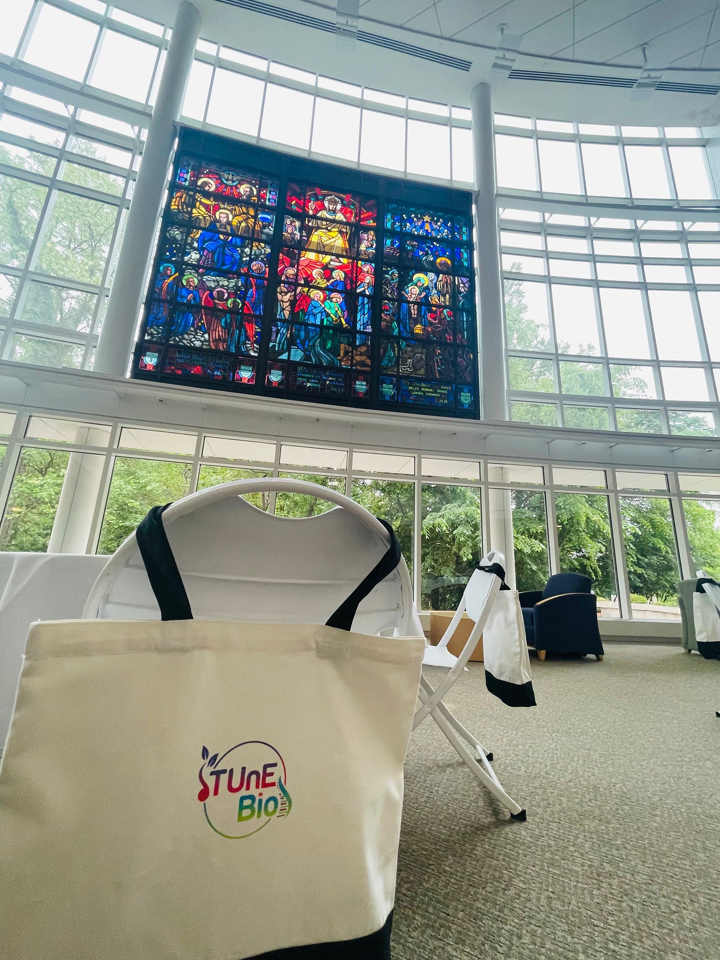 Black and white swag bags with "TUnE-Bio" label hung over a chair in a large lit atrium with stained glass windows.