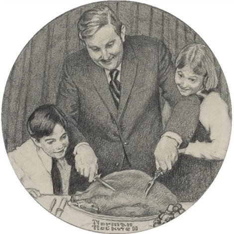 father carving turkey (from the fondest memories series) by norman rockwell