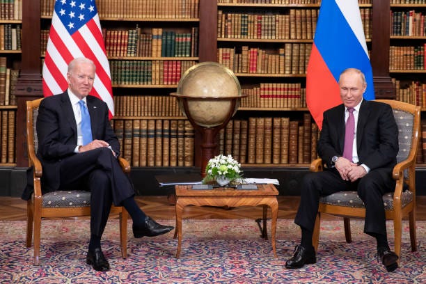 President Joe Biden and Russian President Vladimir Putin meet during the U.S.-Russia summit at Villa La Grange on June 16, 2021 in Geneva,...