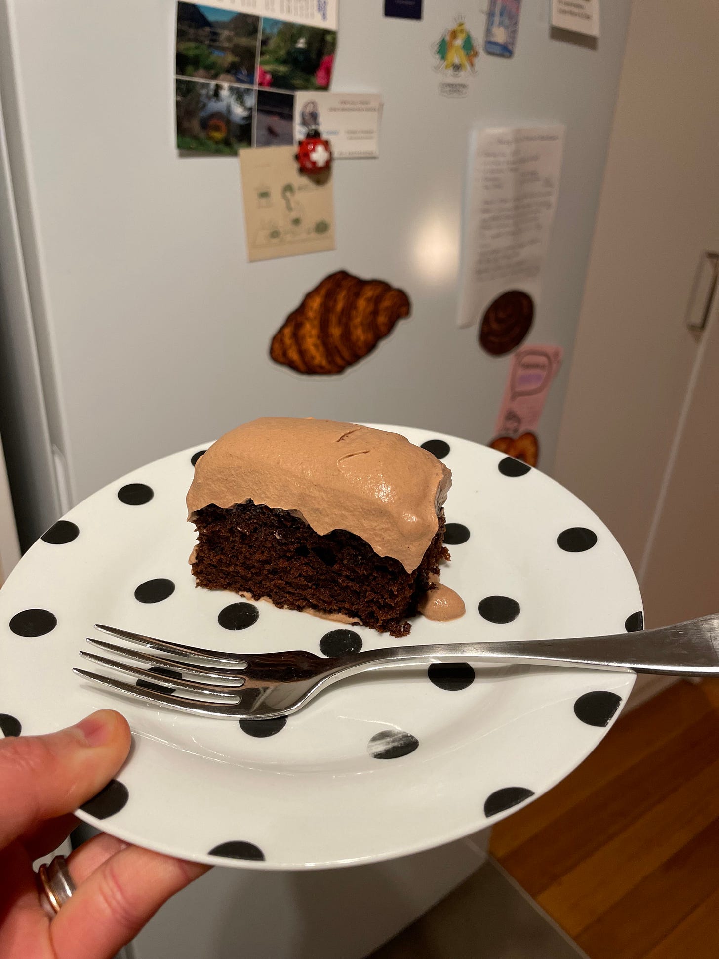 Slice of chocolate cake with whipped cream icing with a fridge in the background