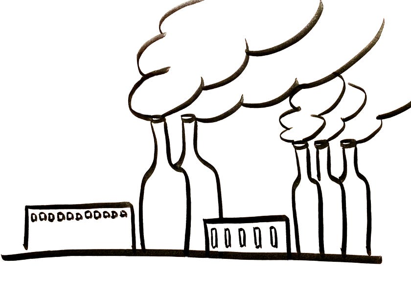 A factory with wine bottles for smokestacks