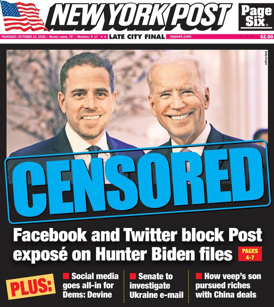 The New York Post's cover for Oct. 15, 2020