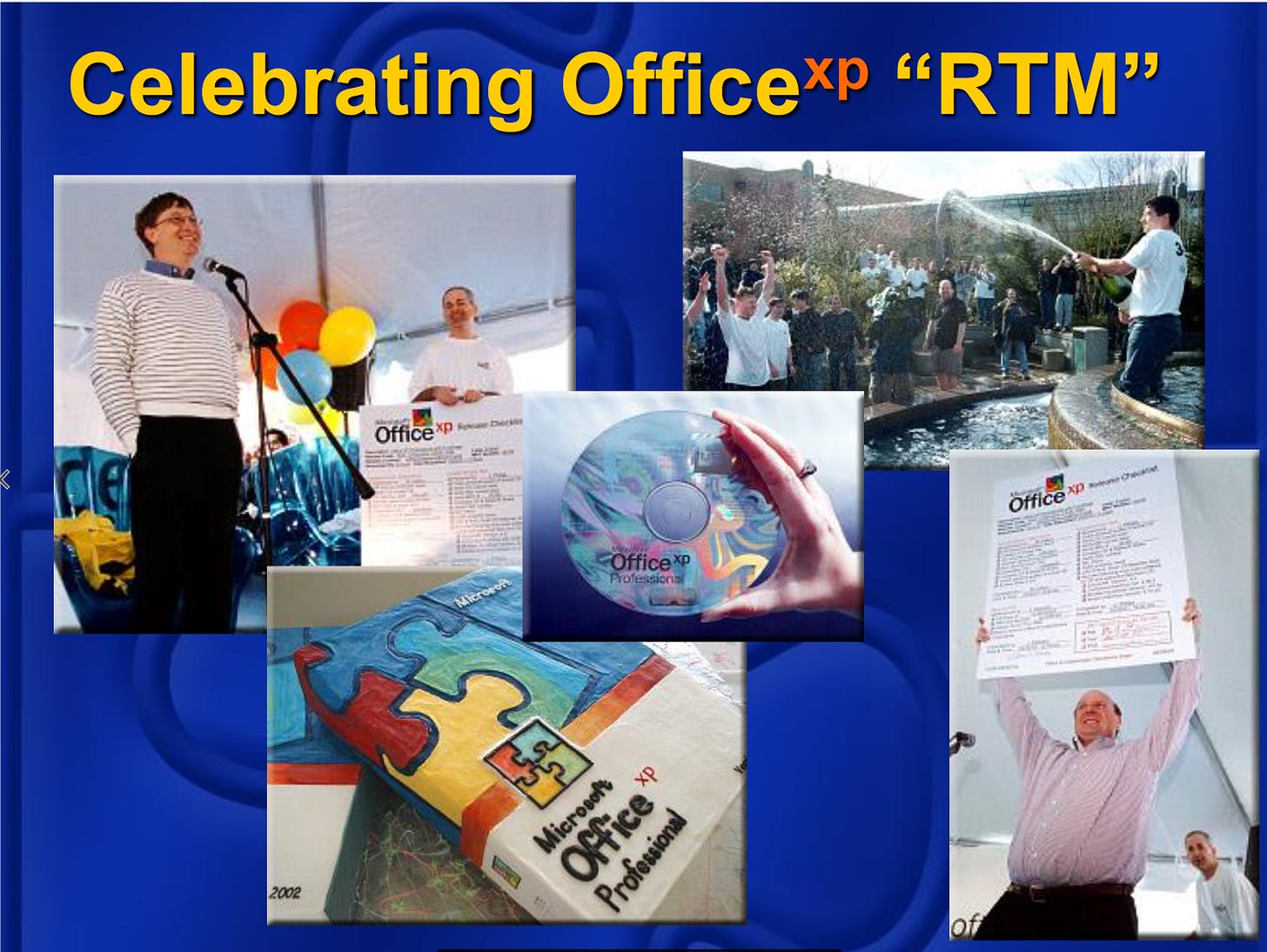 Collage of photos from the Office XP release party including BillG speaking, people dunked in the fountain, a golden master CD, a cake decorated like the box, and Steve Ballmer.