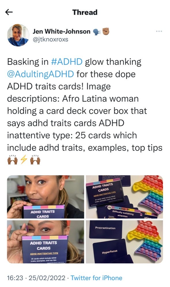 A tweet, including images of one of my fav Neurodivergent artists displaying the ADHD traits flashcards