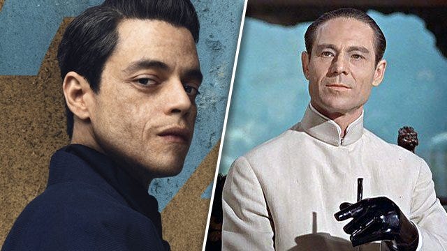 This collage photo features No Time to Die's primary antagonist Safin (played by Rami Malek) and Dr. No's primary antagonist, the titular Dr. No (played by Joseph Wiseman). This collage photo features No Time to Die's primary antagonist Safin (played by Rami Malek) and Dr. No's primary antagonist, the titular Dr. No (played by Joseph Wiseman).
