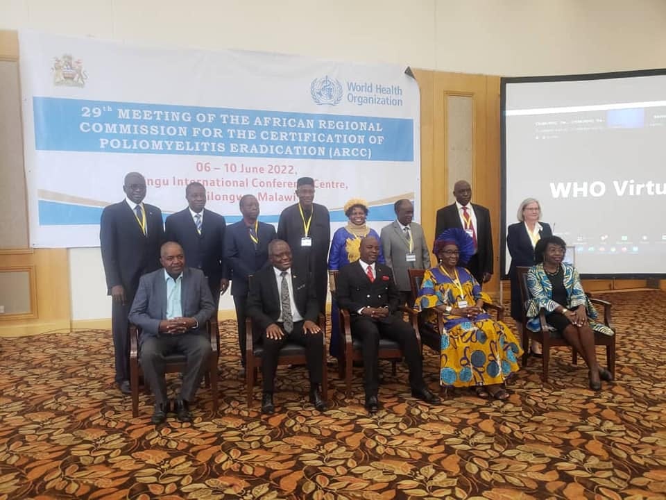 May be an image of 10 people, people standing and text that says 'World Health Organization 29th MEETING OF THE AFRICAN REGIONAL COMMISSION FOR THE CERTIFICATION OF POLIOMYELITIS ERADICATION (ARCC) 06-10June2022, nguInternationale ilongy Malawi entre, WHO Virtu'