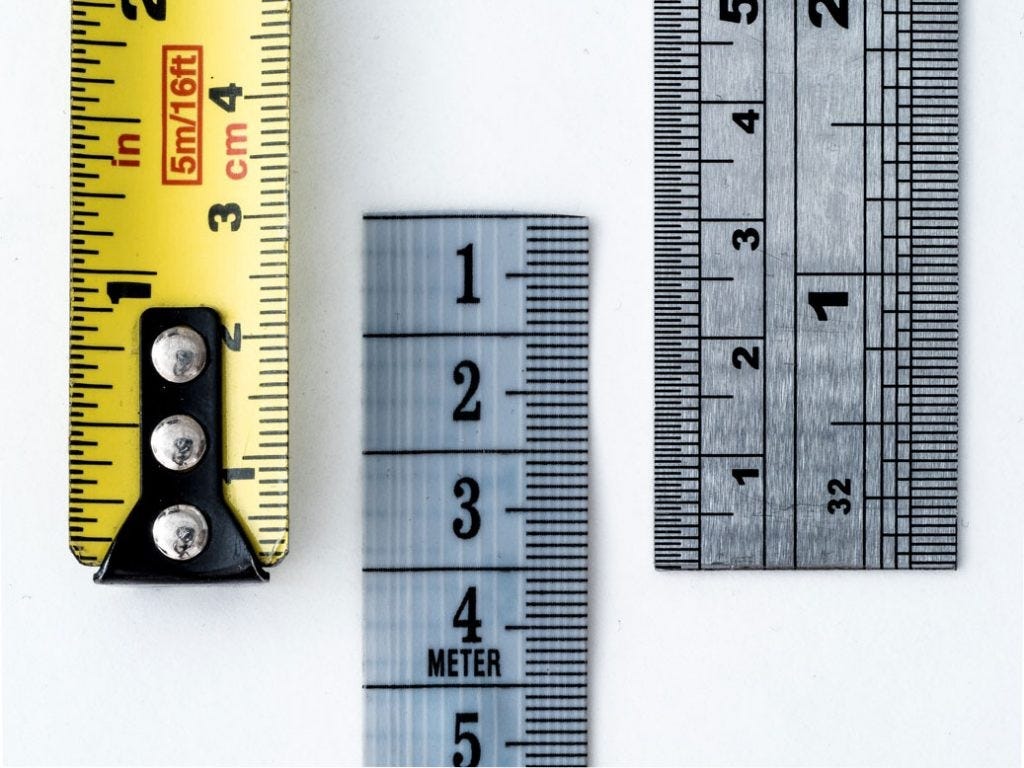 close up of 3 measuring sticks parallel to each other on a white background