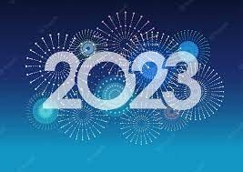 Art deco clip art showing stylized illustrated fireworks behind a sans serif "2023"