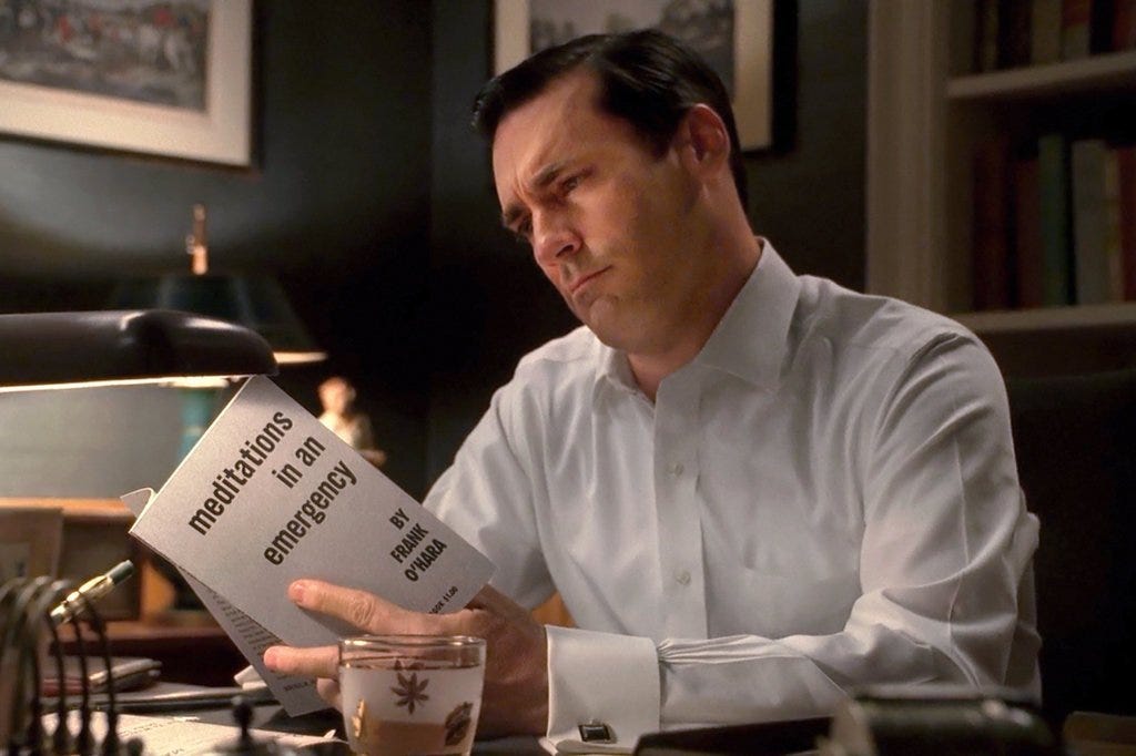 Don Draper reads Frank O'Hara's Meditations in an Emergency poetry collection on Mad Men