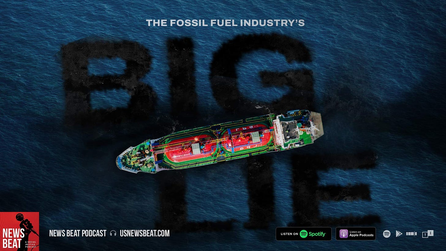 Episode art depicting an ocean oil spill spelling out the words "Big Lie." 