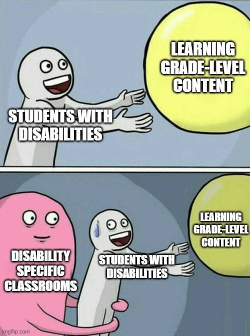 Meme Description: Top frames shows a grey cartoon person labeled “students with disabilities” reaching for a yellow balloon labeled “learning grade level-content.” Bottom frames shows a pink cartoon person labeled “disability specific classrooms” picking up the grey person, who is looking at the pink person with distress, and taking them away from the balloon.