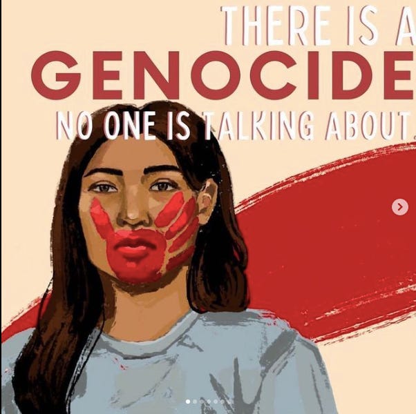 graphic of a Native American woman with a red handprint across her face