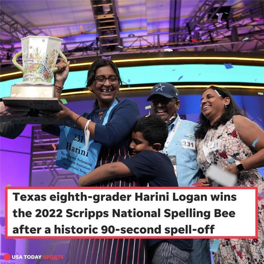 2022 Scripps National Spelling Bee winner Harini Logan with her family