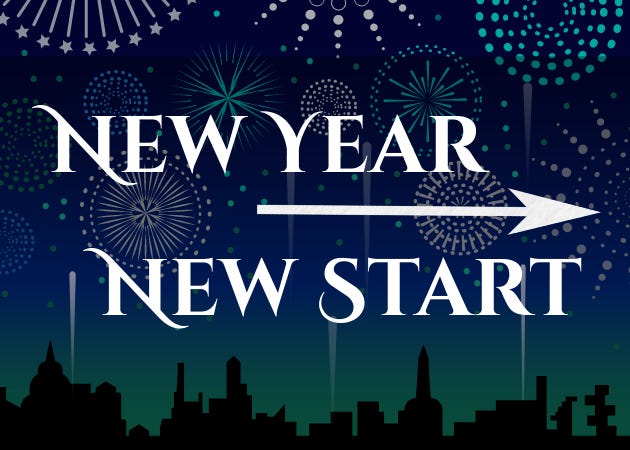 Graphic of a city skyline and fireworks with the caption, New Year, New Start - and an arrow pointing to the future.