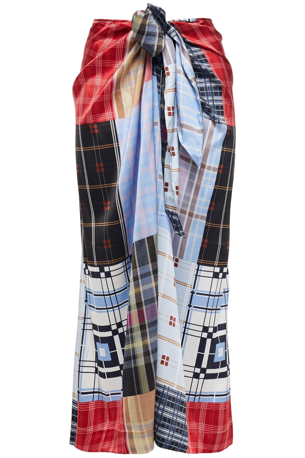 GANNI Tie-front checked stretch-silk satin midi wrap skirt