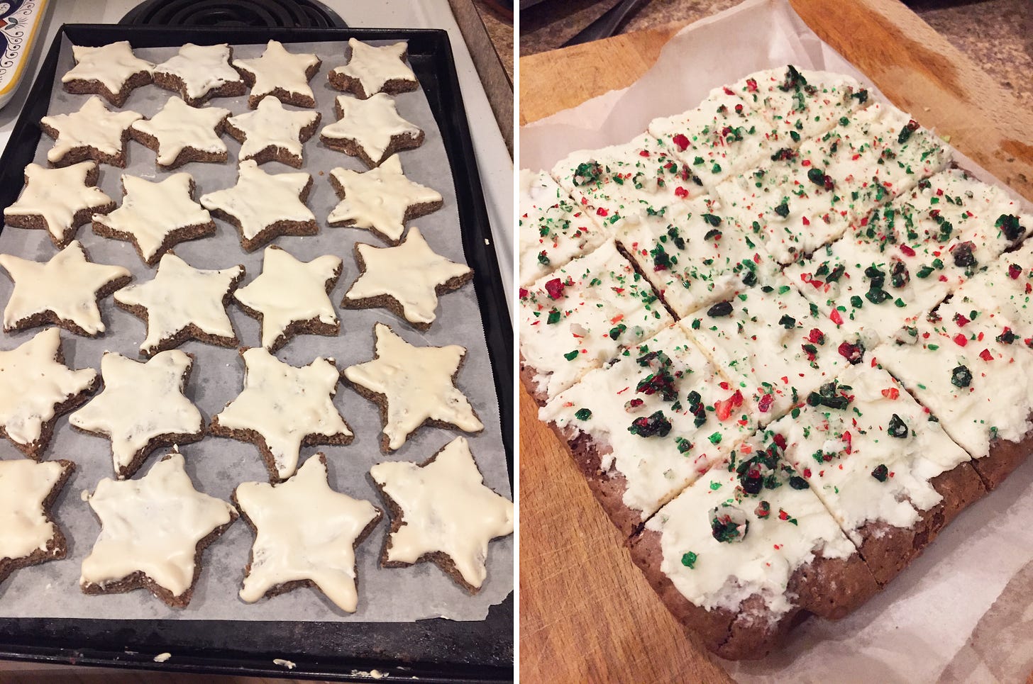left image: a baking pan lined with parchment, covered in rows of zimtsterne with royal icing on top. right image: a wooden cutting board with brownies cut into squares on top of a piece of parchment. The brownies have white icing and green and red candy cane crumbles on top.