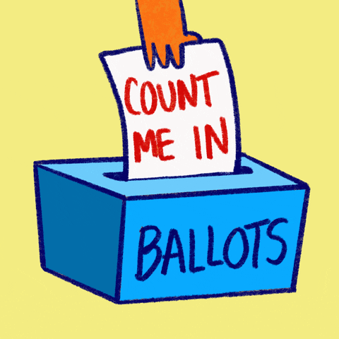 GIF of a hand pushing a ballot reading "Count Me In" into a ballot box