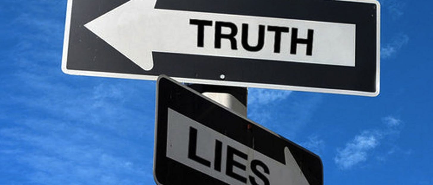 Two signs pointing at opposite directions reading "Truth" and "Lies"