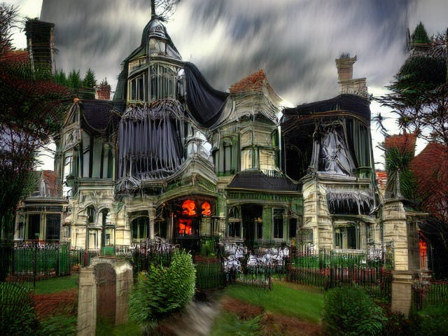 Ominous red glows from within the ground floor of a white stone house, while black draperies or possibly cobwebs, or possibly bones, drop from green-tinted balconies.