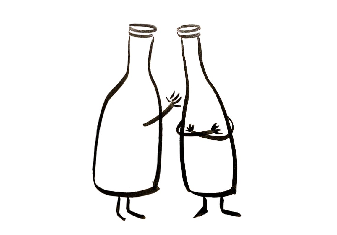 One anthropomorphic wine bottle whispers to another