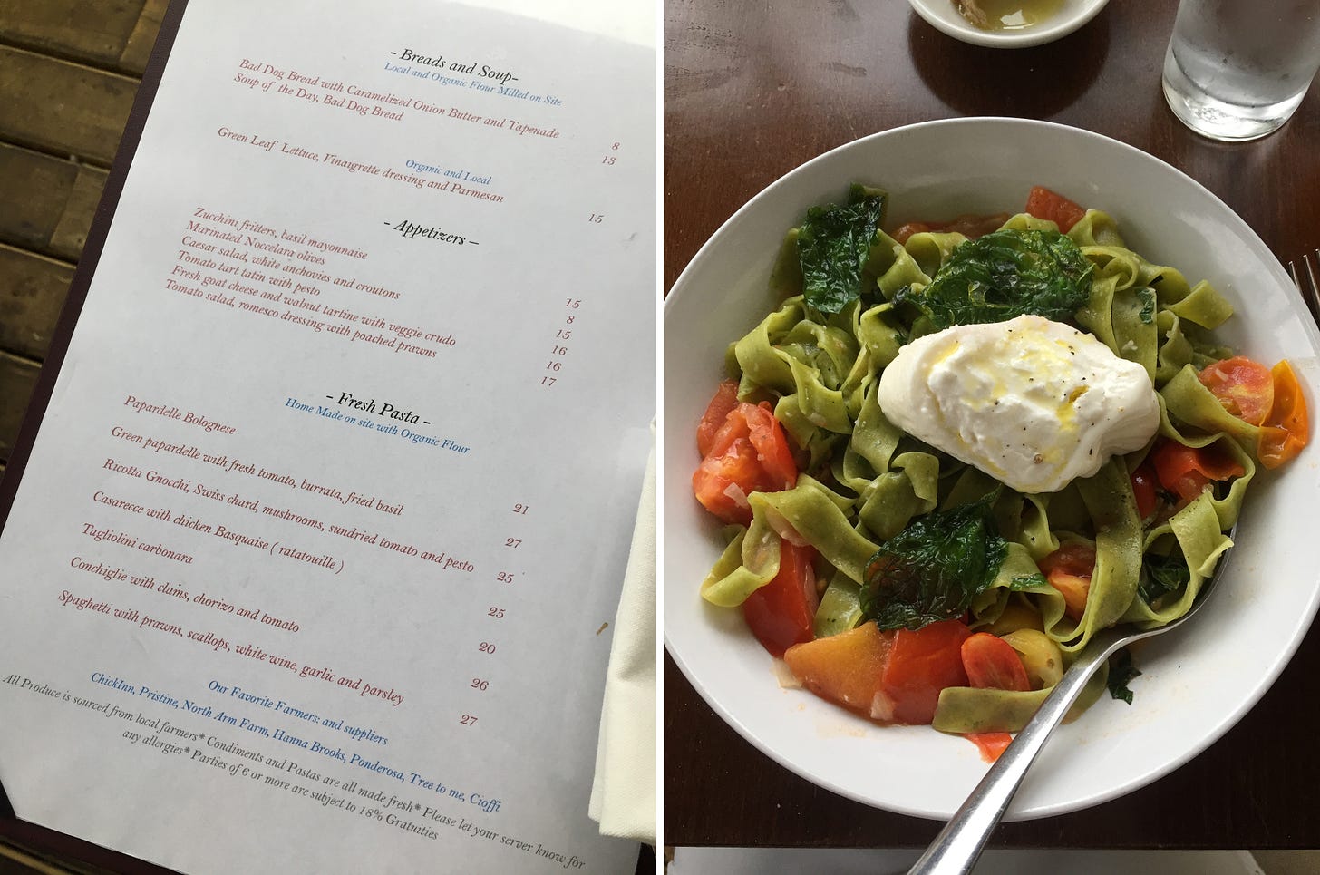 left image: the Orto dinner menu, with assorted late summer appetizers and pastas. Right image: a white bowl of green pappardelle with pieces of lightly cooked tomatoes in various colours, and fried basil leaves. On top is an oblong ball of burrata, drizzled with olive oil and sprinkled with pepper.