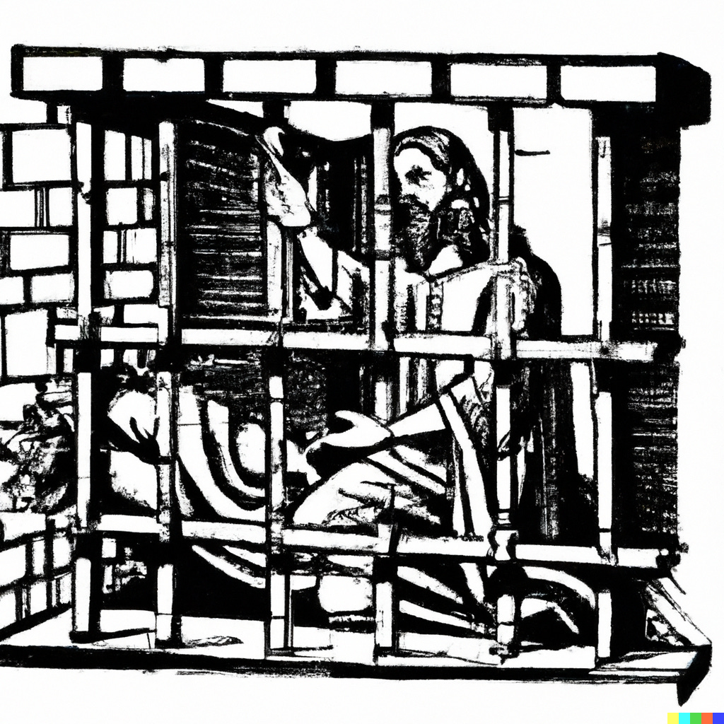 OpenAI (Dall-E) conception of a black and white woodcut representing John The Baptist in prison