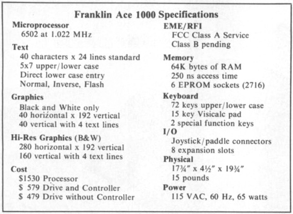 Franklin ACE 1000 specs from the January 1983 Creative Computing