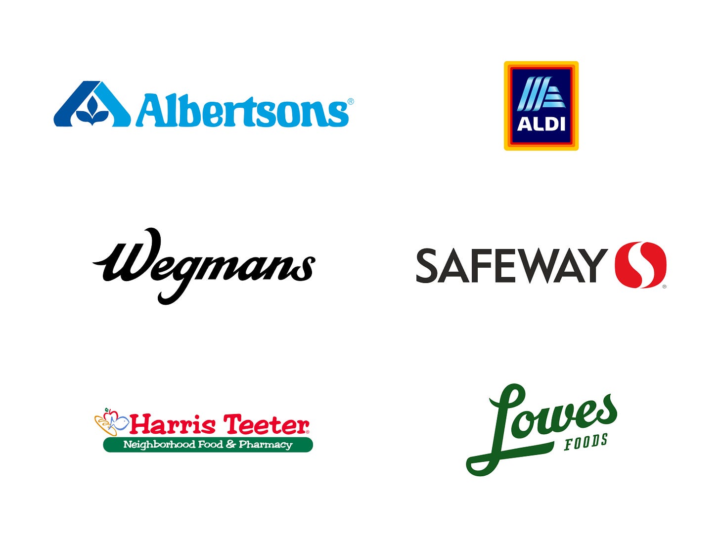 Logos of Albertsons, Aldi, Wegmans, Safeway, Harris Teeter, Lowes Foods