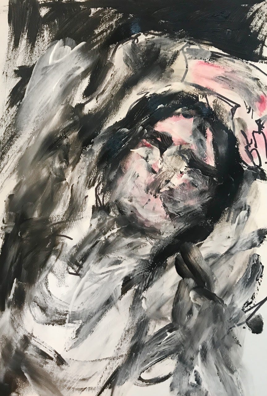 In the center of the portrait, there is a blurry woman without distinct features. All of her attributes are blurry to the viewer and the palette is mostly monochromatic besides a shade of pink on her face and hand. The woman is in a reclined position with her arm placed behind her head, appearing to be asleep. None of her extremities are fully visible though we can assume her arms are present. 