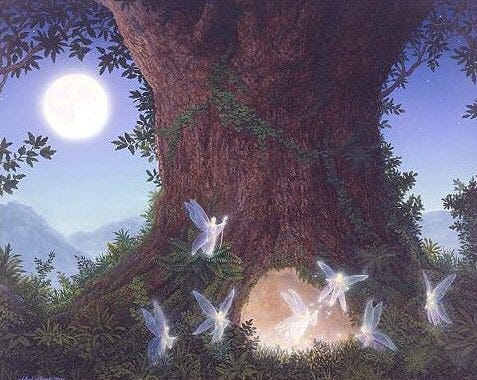 an artwork of a tree trunk set in front of a purple-blue sky, with a full moon behind. at the bottom of the trunk is a tunnel entrance emitting light, with fairy figures flitting around