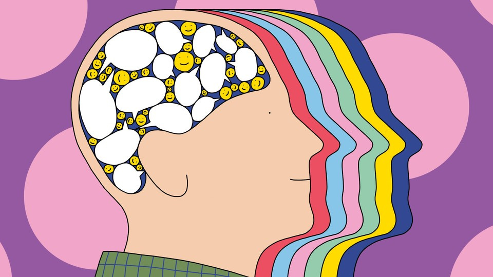 An illustration of a cross-section of a person's head, in which their brain is full of smiley faces and speech bubbles