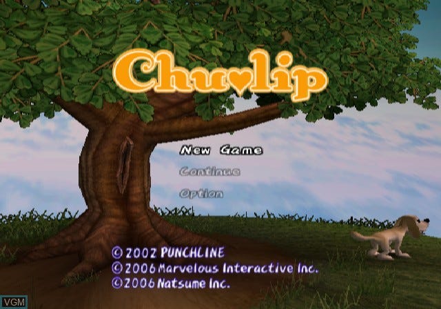 A screenshot of the title screen of Chulip, featuring the Lover's Tree and a dog