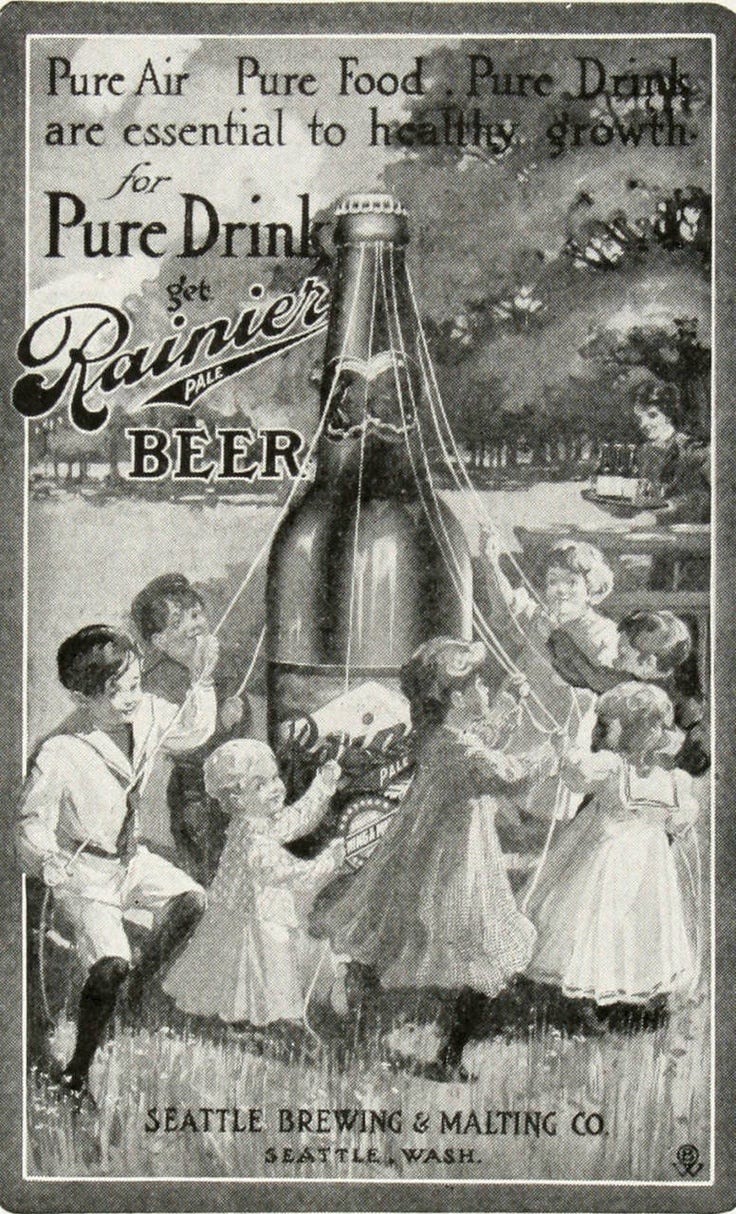 A Victorian advertisement depicting children dancing around a giant beer bottle as if it were a Maypole, believe it or not.