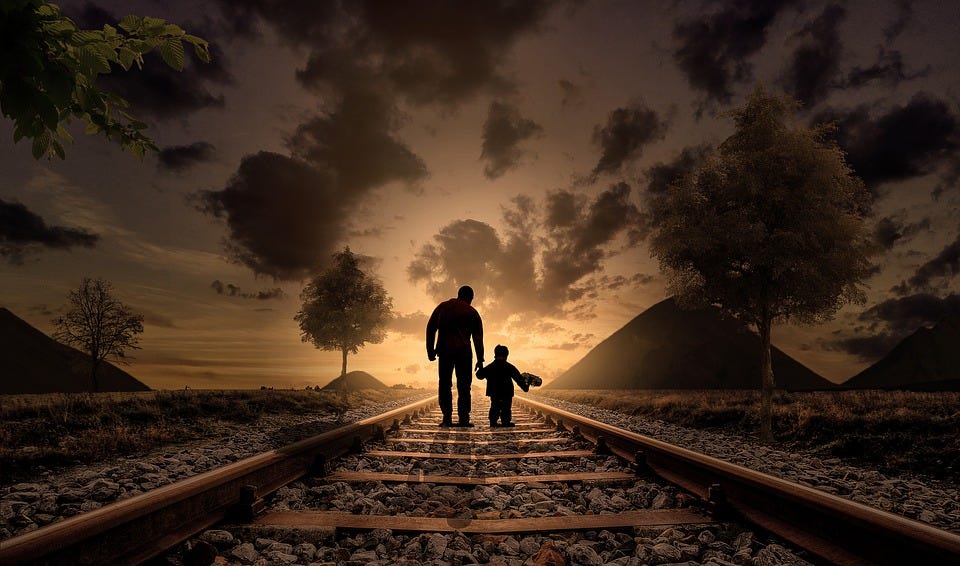 Father And Son, Walking, Railway, Railroad, Gravel