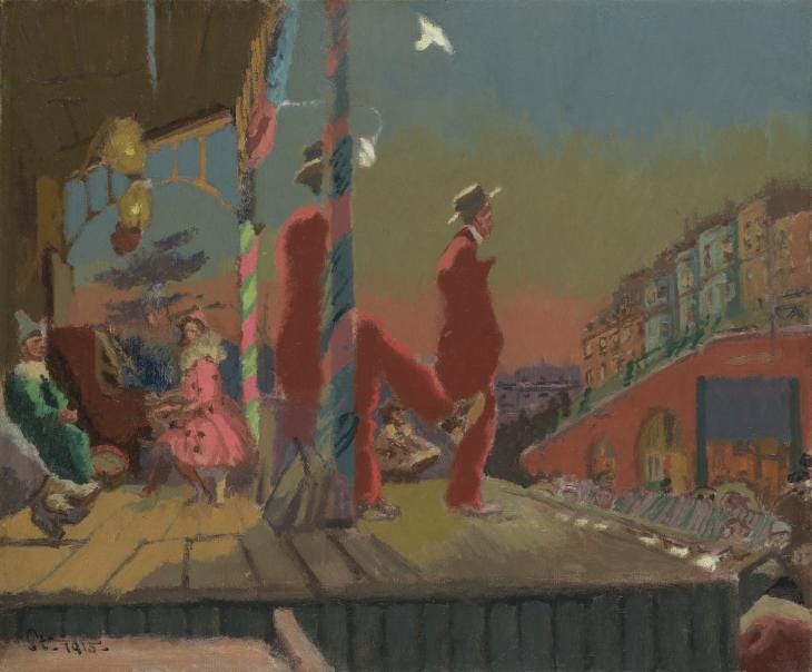 Walter Sickert oil painting showing a man in a red suit on stage with clowns behind and a town scape to the right