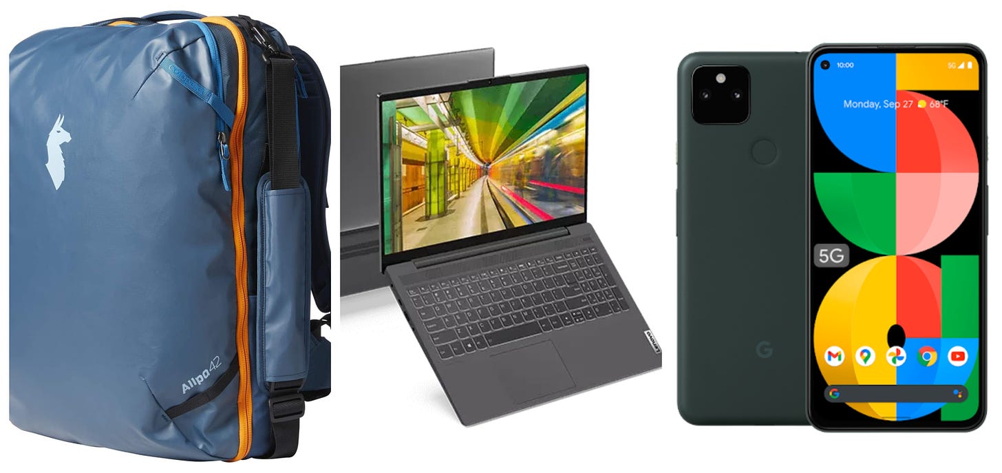 A blue Cotopaxi backpack, a Lenovo IdeaPad, and a Pixel phone. 