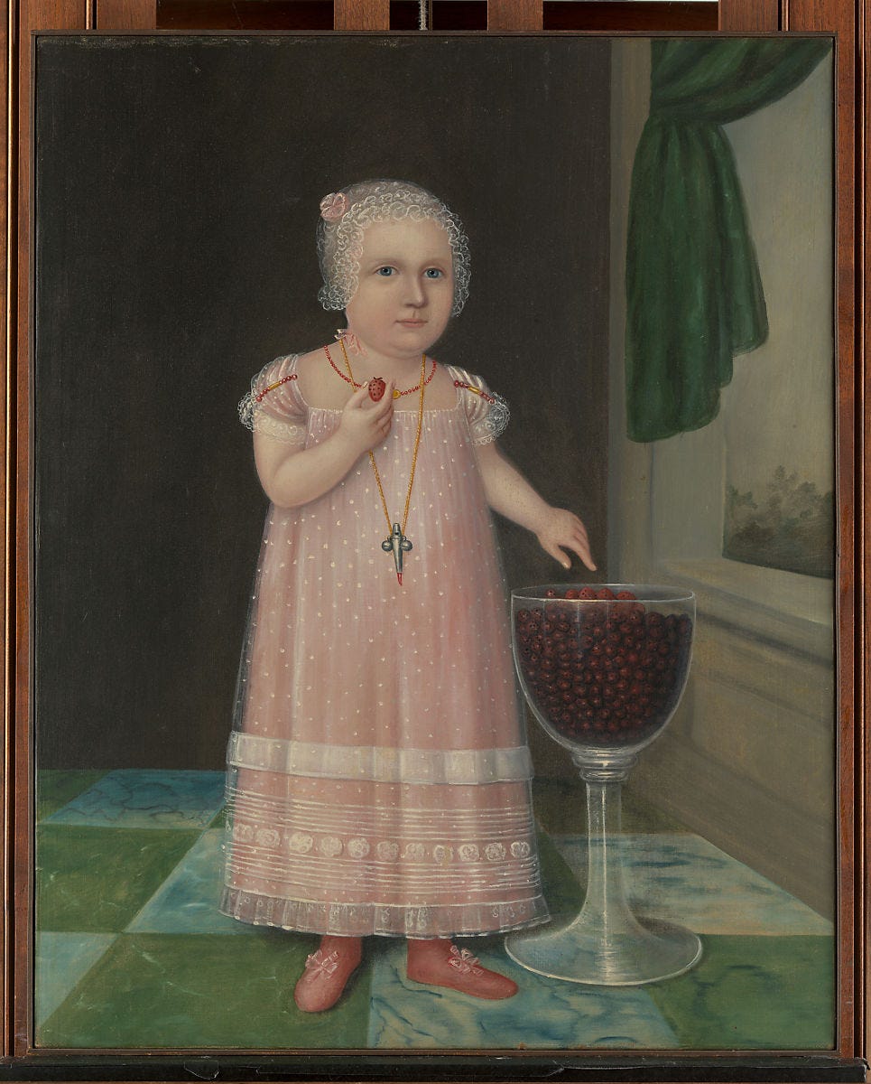 Painting of a small white child in a pink dress, grabbing berries from a large glass goblet.