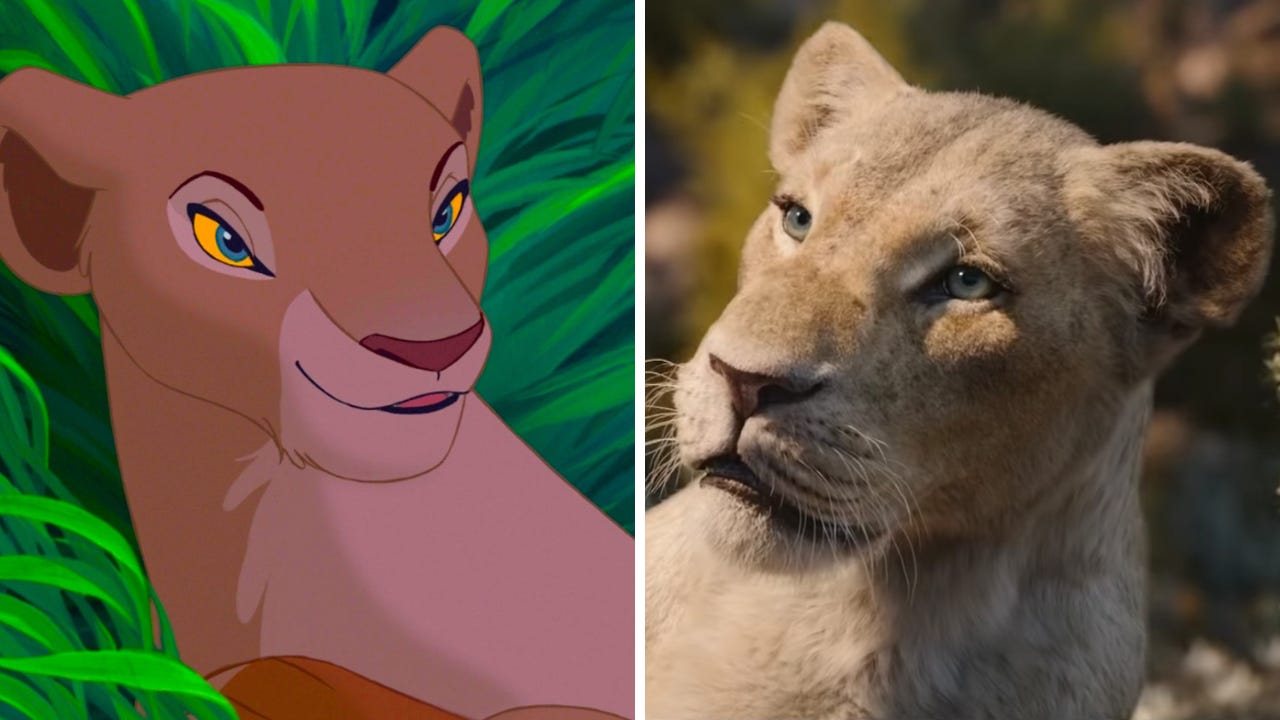 A collage of two photos of lionesses. On the left is the cartoon version of Nala from the 1994 Lion King. On the right is the photorealistic version of Nala from the 2019 remake.
