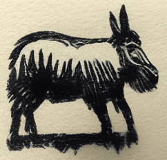 An illustration of a donkey made to look like a black rubber stamp.