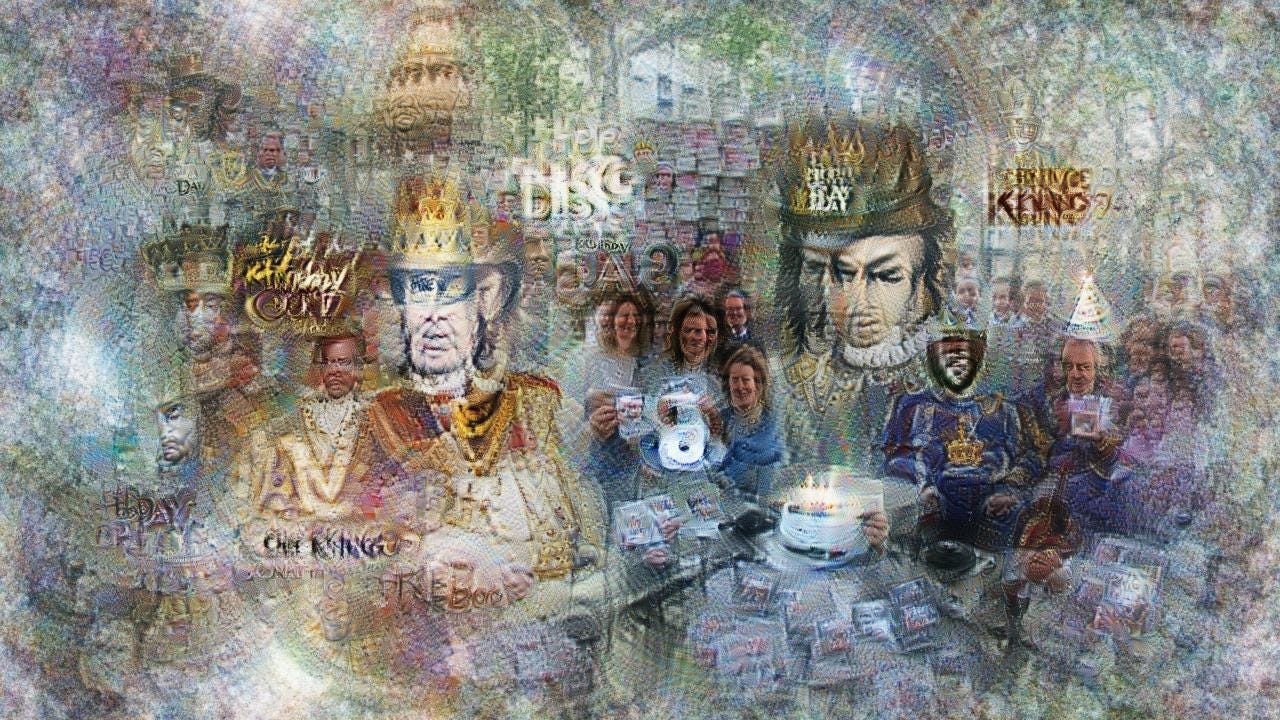 Many copies of a person in ruffled collar and crown, surrounded by smiling crowds in more ordinary gear. There is a cake with lit candles, and also a single shining CD.