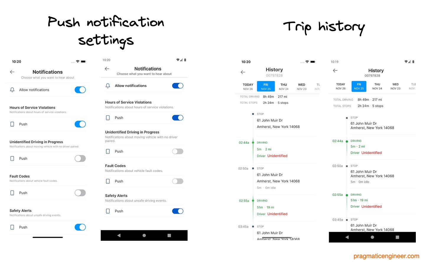 Push notification settings and Trip history in the Motive Fleets app. The UIs are nearly identical on iOS and Android.