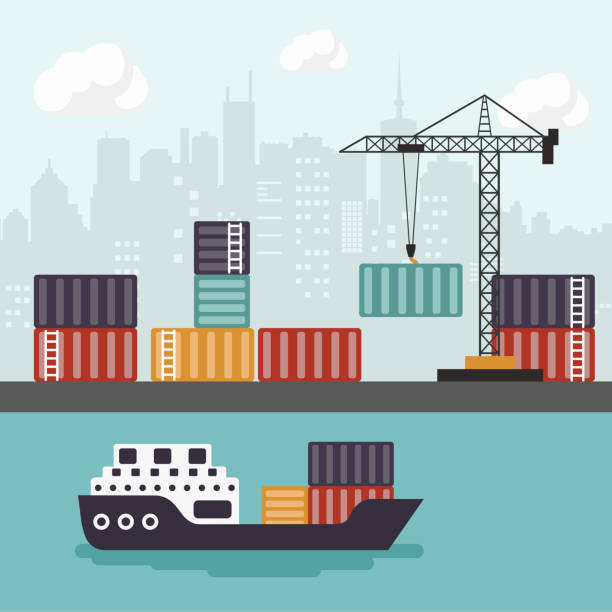 A cartoon simplification of a container ship at port. A cartoon simplification of a container ship at port.