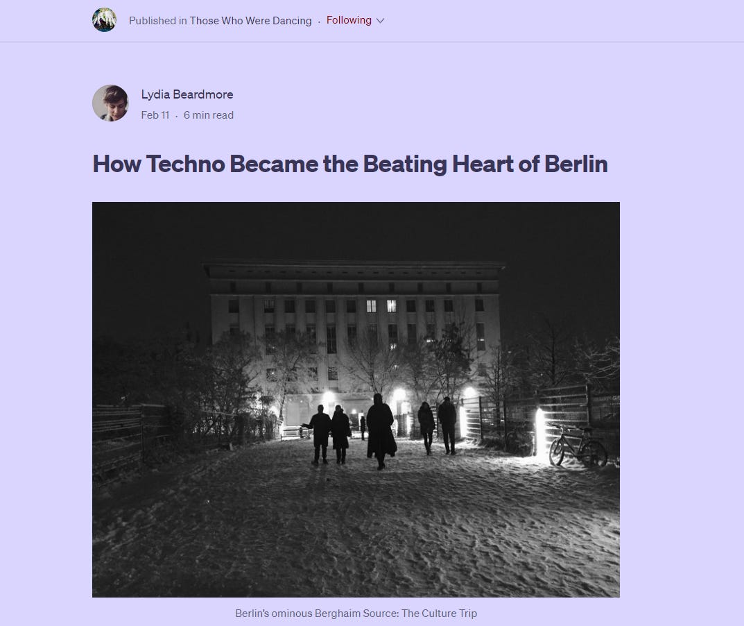 Screenshot of article by Lydia Beardmore, titled, 'How Techno Became the Beating Heart of Berlin', with a cover photo of a black and white snowy street scene in Berlin, silhoettes of figures walking through the night. The background is lilac.