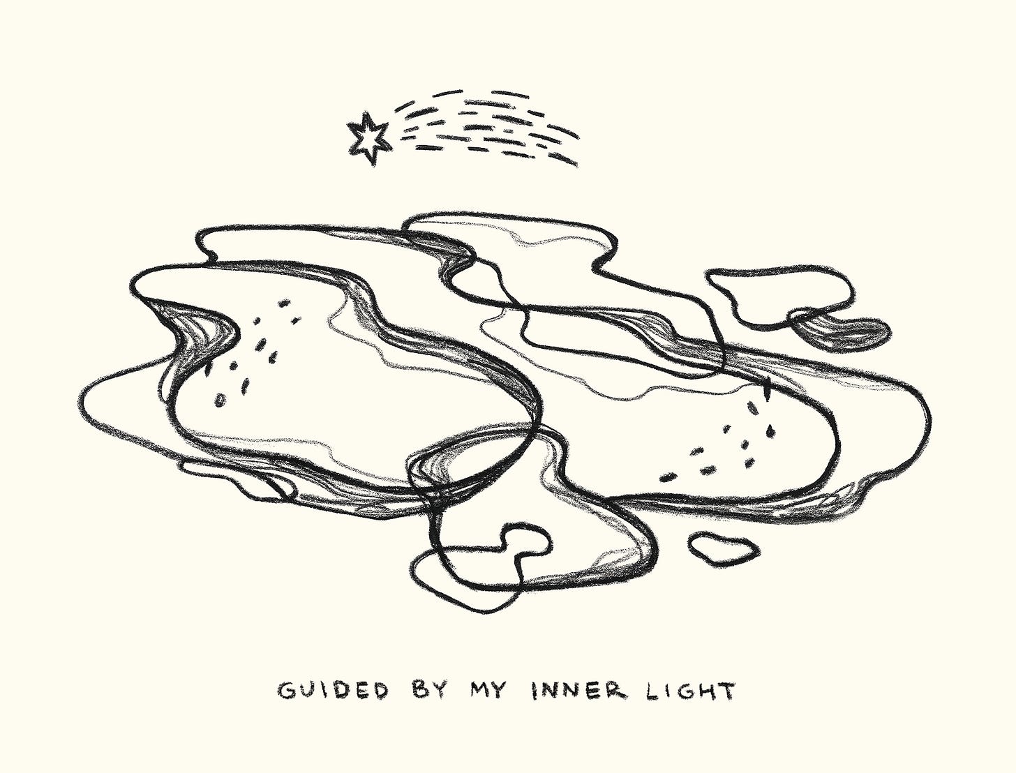 Black and white illustration of a stream of water and a shooting star above. The text at the bottom reads: "Guided by my inner light"